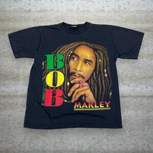 Vintage Y2K Bob Marley Shirt Mens S Jet Black Black and White Short Sleeve